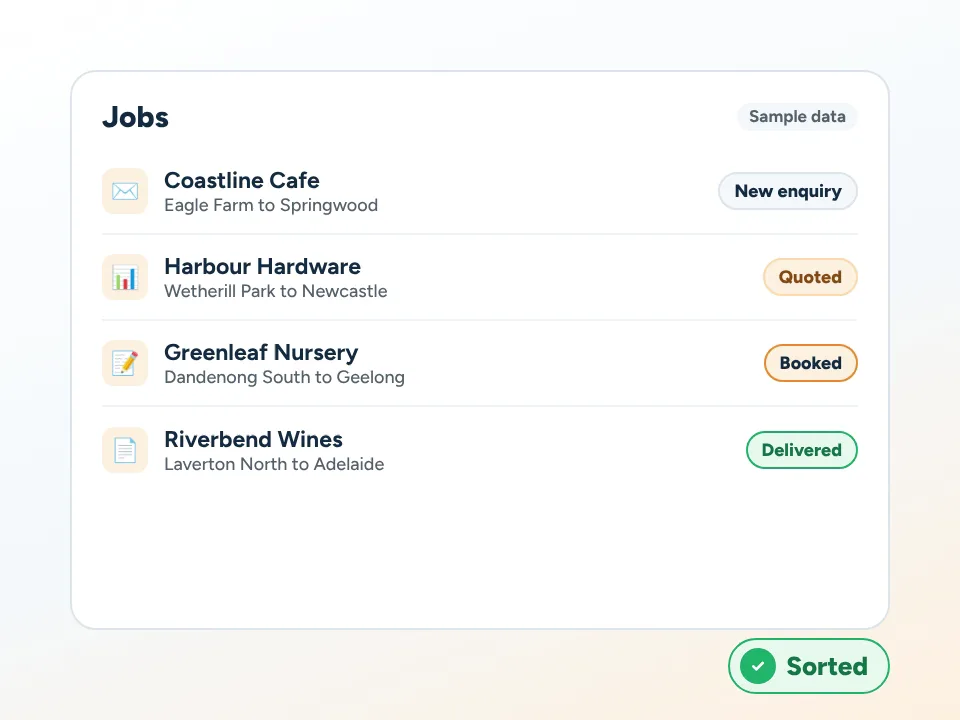 Emails, a spreadsheet row, a sticky note and a paper con note slide into one tidy Jobs list (sample data).